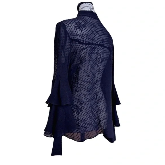 Olivia Palermo x Chelsea Blouse w/ Bell Sleeves & Mandarin Collar. Navy. Medium - Picture 8 of 12